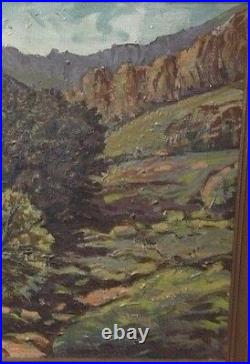 Vintage Painting Landscape Mountains Trees Oil on Canvas Carved Framed