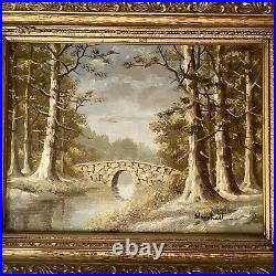 Vintage Painting Signed Marshall Oil Stone Bridge 16x13 Ornate Frame