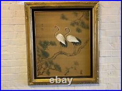 Vintage Pair of Japanese Red Crowned Cranes Painting with Gold Frame