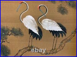 Vintage Pair of Japanese Red Crowned Cranes Painting with Gold Frame