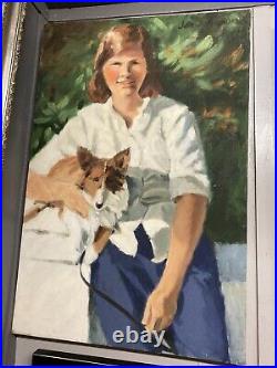 Vintage Portrait Oil Painting. On Canvas Woman With Dog