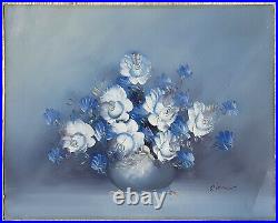 Vintage Steiner Blue Floral Still Life Oil On Canvas Painting, Signed