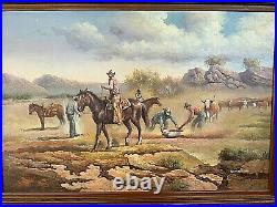 Vintage Western Cowboys Roping Calf Oil on Canvas Painting by Terry Slenz