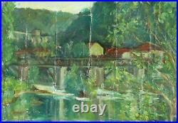 Vintage expressionist oil painting town river landscape