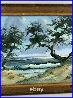 Vtg 1970's Cypress Tree California Coast Beach Seascape Oil Painting Signed