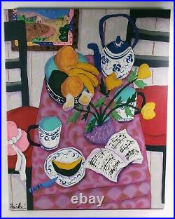 Vtg 24x30 Michi Susan Signed Original Oil Painting Japanese Art Tea For Two