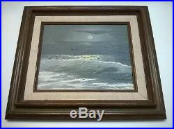 Vtg Original Oil Painting Canvas Signed Schippers Moon Light Ocean Waves Sea Art