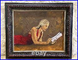 Vtg Original Signed Oil On Canvas Heavy Relief Woman Reading Framed Art