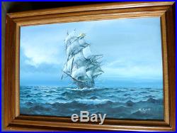 W. Sopia Original Oil On Canvas Sailing Ship Seascape Painting Seagulls 32 x 44
