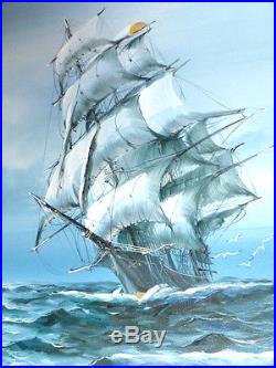 W. Sopia Original Oil On Canvas Sailing Ship Seascape Painting Seagulls 32 x 44
