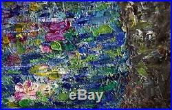 WATER Lilies Bloom Birch Trees Original Palette Impasto Oil Painting on Canvas
