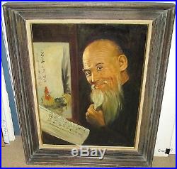 Wahso Chan Elder Chinese Man Reading And Rooster Original Oil On Canvas Painting