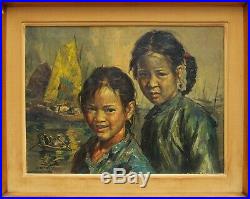Wai Ming (Chinese American, 1938) Original Oil Painting Girls and Sea Signed