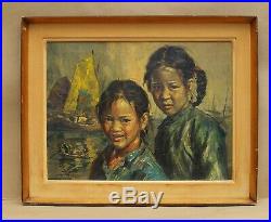 Wai Ming (Chinese American, 1938) Original Oil Painting Girls and Sea Signed
