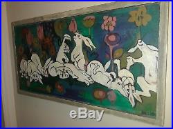 Whimsical Rabbits Original Framed Surrealist Painting on canvas Signed RESIO