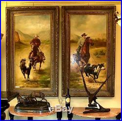 XL Original Pair Oil On Canvas Cowboys Cattle Herding, Signed Troy Denton