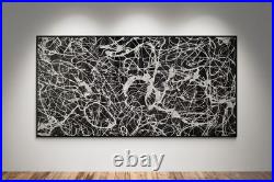 XXL Jackson Pollock Style Black & Silver Abstract Canvas Handmade Art 59x30