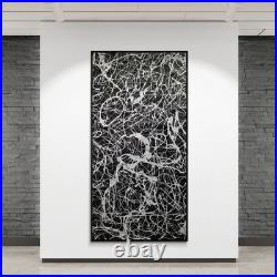 XXL Jackson Pollock Style Black & Silver Abstract Canvas Handmade Art 59x30