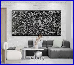 XXL Jackson Pollock Style Black & Silver Abstract Canvas Handmade Art 59x30