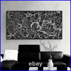 XXL Jackson Pollock Style Black & Silver Abstract Canvas Handmade Art 59x30