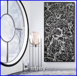 XXL Jackson Pollock Style Black & Silver Abstract Canvas Handmade Art 59x30