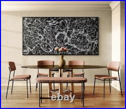 XXL Jackson Pollock Style Black & Silver Abstract Canvas Handmade Art 59x30