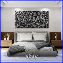XXL Jackson Pollock Style Black & Silver Abstract Canvas Handmade Art 59x30