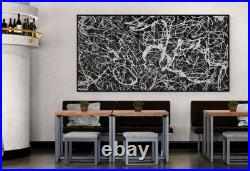 XXL Jackson Pollock Style Black & Silver Abstract Canvas Handmade Art 59x30