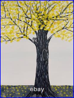 Yellow Tree With Squirrel Abstract Painting On Canvas